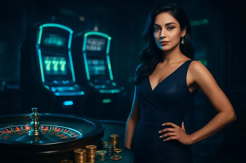 Elegant woman near roulette and slot machines in luxury casino