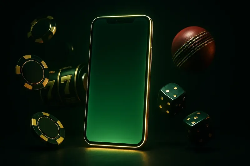 Glowing smartphone with casino chips, slot reels, dice, and cricket ball